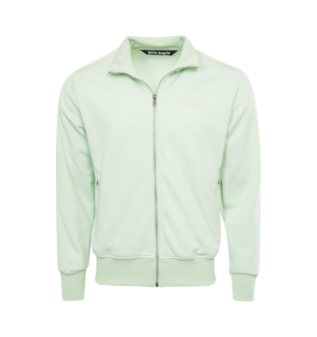 Image 1 of 3 - GREEN - PALM ANGELS Classic Logo Track Jacket featuring rib knit stand collar, hem, and cuffs, zip closure, logo embroidered at chest, zip pockets and striped trim at sleeves. 100% polyester. Made in Italy. 