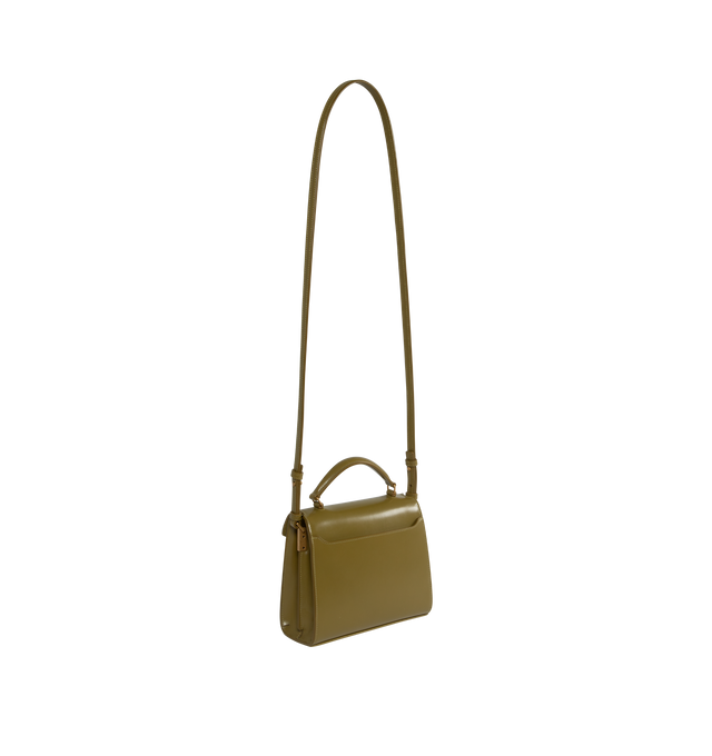 Image 2 of 3 - GREEN - SAINT LAURENT CASSANDRA MINI TOP HANDLE BOX BAG with front flap and pivoting metal Cassandre closure, featuring leather top handle, adjustable and detachable shoulder strap, bronze tone metal hardware,  leather lining, 2 interior compartments, one interior flat pocket, one exterior dossier pocket, four metal feet. Measures  7.8 X 6.2 X 2.9 inches with 20 inch drop shoulder strap. Calfskin leather. Made in Italy. 