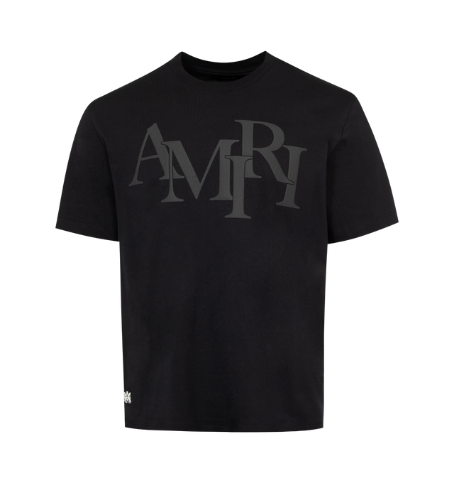 BLACK - AMIRI Staggered Logo Tee featuring short sleeves, crewneck, lightweight jersey fabric and front and back Amiri logo detail. 100% cotton. Made in Italy. 