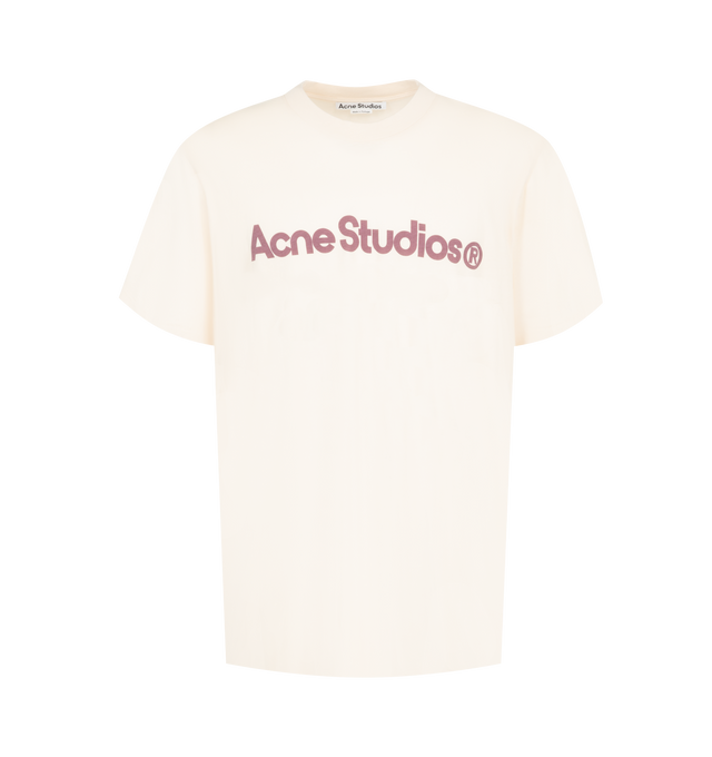 Image 1 of 2 - PINK - Acne Studios Mens T-Shirt is crafted from fluid cotton jersey. Features a regular fit, crew neckline, short sleeves, seasonal logo print at the chest, and hip-length silhouette. Main Material: 50% Cotton, 50% Viscose. Made with recycled cotton. Made in Portugal. 