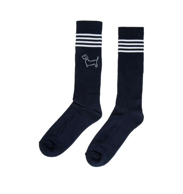 Image 2 of 2 - NAVY - THOM BROWNE Hector Icon Athletic Socks featuring tricolor flag at rib knit cuffs, intarsia stripes and graphic at cuffs and logo printed at sole. 71% cotton, 26% polyamide, 3% elastane. Made in Italy. 