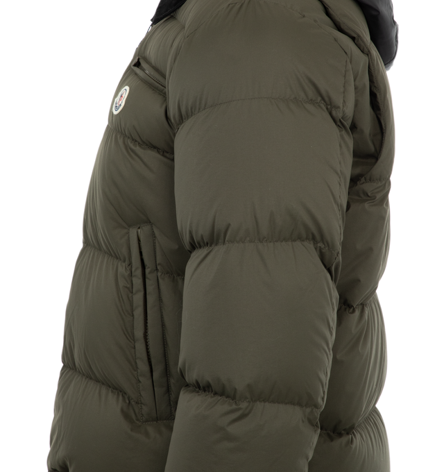 Image 3 of 3 - GREEN - Moncler Calima Puffer Jacket has a corduroy collar, detachable and adjustable hood, nylon laqu lining, drawstring hem, front zipper closure, zipper pockets, and chest pocket. Lined. Down filled.  