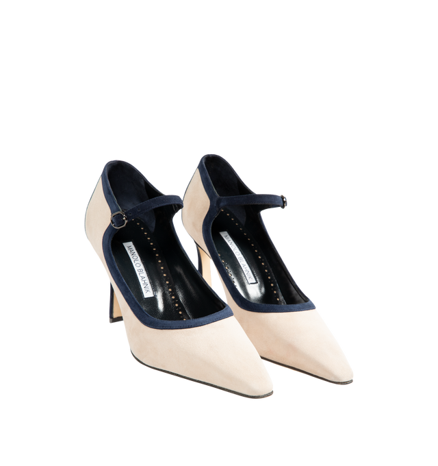 Image 2 of 4 - NEUTRAL - Manolo Blahnik Women's Churla 90 Pumps are crafted from kid suede and feature an almond toe, contrasting navy heel counter, edging, and ankle strap with a buckle closure, finished with a sculptural 90mm angular heel. These designer suede pumps combine exceptional Italian craftsmanship with timeless Mary Jane styling, making them an elegant choice for both day and evening wear. Main Material: 100% Kid Suede. Lining: 100% Kid Leather. Sole: 100% Calf Leather. Heel Height: 90mm. Made i 