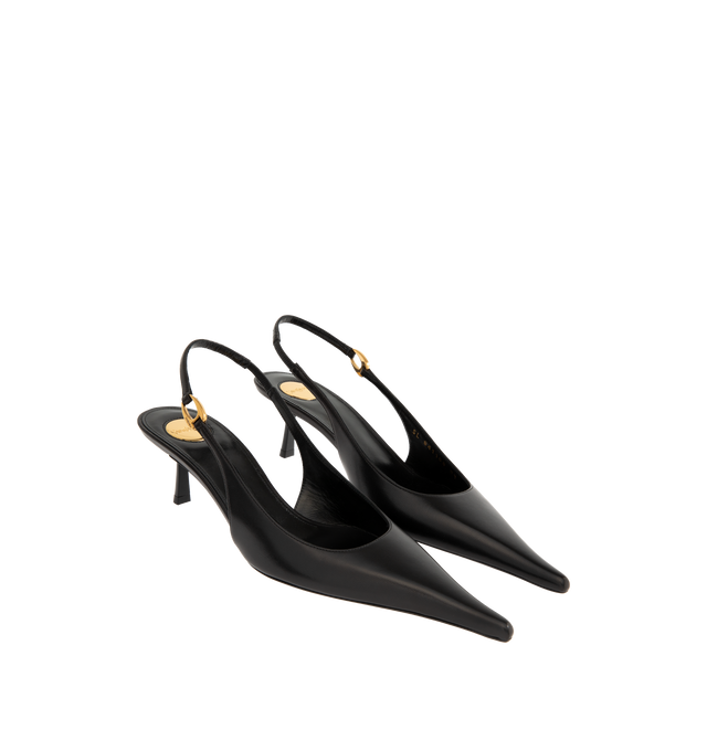 Image 2 of 4 - BLACK - SAINT LAURENT Vendome Slingback Pumps in smooth leather featuring a pointed toe, kitten heel, elasticized slingback strap with SAINT LAURENT engraved link, round saint laurent-engraved metal plaque on the insole and leather sole. 2 inch heel. Lambskin. Made in Italy. 