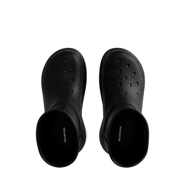 Image 4 of 4 - BLACK - Balenciaga Crocs Bootie in black rubber with round toe and Balenciaga logo embossed at front. Made in China. 