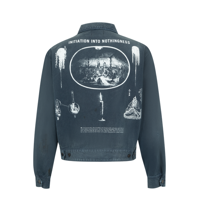 Image 2 of 3 - NAVY - ENFANTS RICHES DEPRIMES Initiation Into Nothingness Mechanics Jacket featuring zip front work jacket, washed cotton twill, spread collar, welt pockets at waist, button closure barrel cuffs, adjustable tabs at back waistband and printed artwork at front and back. Made in Japan. 