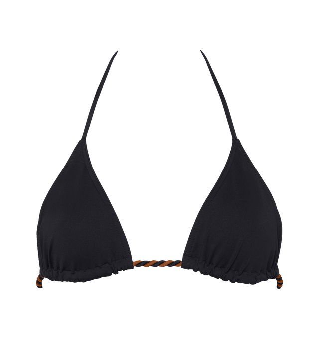 Image 1 of 6 - BLACK - ERES Toupie Small Sliding Triangle Bikini Top featuring small sliding triangle bikini top, two-tone twisted tie and halter tie spaghetti straps. 84% Polyamid, 16% Spandex. Made in Morocco. 