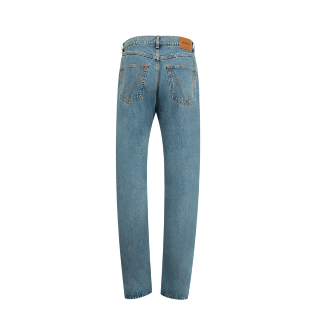 Image 2 of 3 - BLUE - VETEMENTS O Leg Jeans featuring belt loops, five-pocket styling, zip fly and straight fit. 100% cotton.  