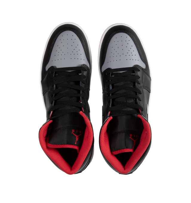 Image 5 of 5 - MULTI - AIR JORDAN 1 MID are grey, black and red sneakers made from a premium leather and synthetic upper which provides durability, comfort and support. These sneakers have an air-sole unit in the heel that delivers signature cushioning as well as has a rubber outsole that offers traction on a variety of surfaces. 