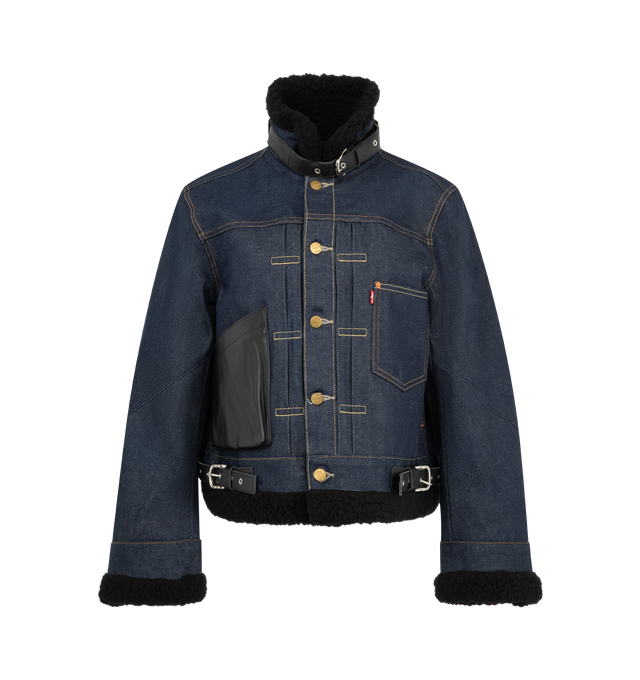 Image 1 of 6 - BLUE - Sacai X Levi's Women's Denim Jacket are crafted from a premium dark wash rigid indigo denim paired with contrasting plush black faux-shearling/sherpa accents at the collar, cuffs, and hem. Main Material: 100% Cotton. Made in Japan. 