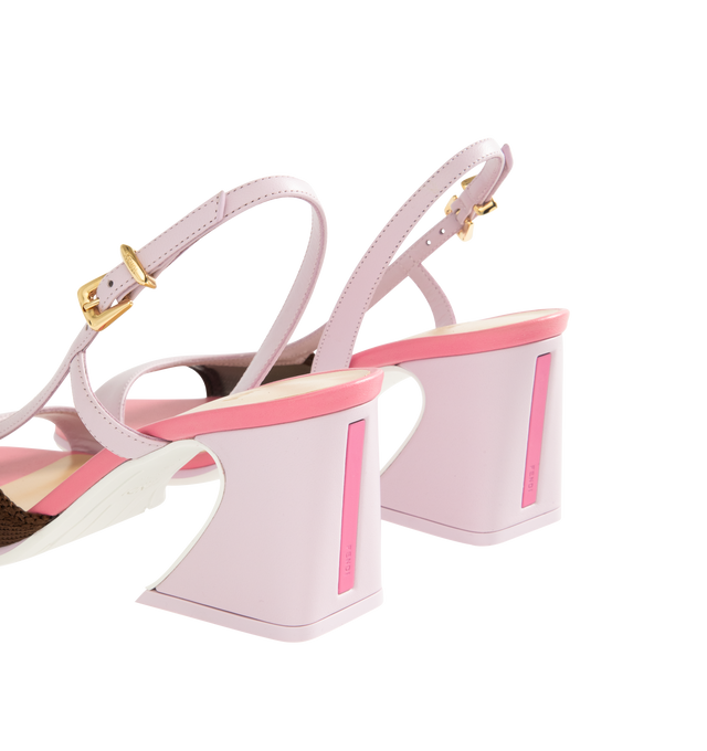 Image 3 of 4 - MULTI - FENDI Arco Sandal featuring asymmetric sandal with wide heel, iconic Arco shape, made of knit and nappa leather, two-tone rubber sole with FF design, rubber heel sole, varnished metal detail on the heel and engraved Fendi logo. 65mm. 75% polyester, 23% polyamide, 2% polyurethane. Made in Italy. 