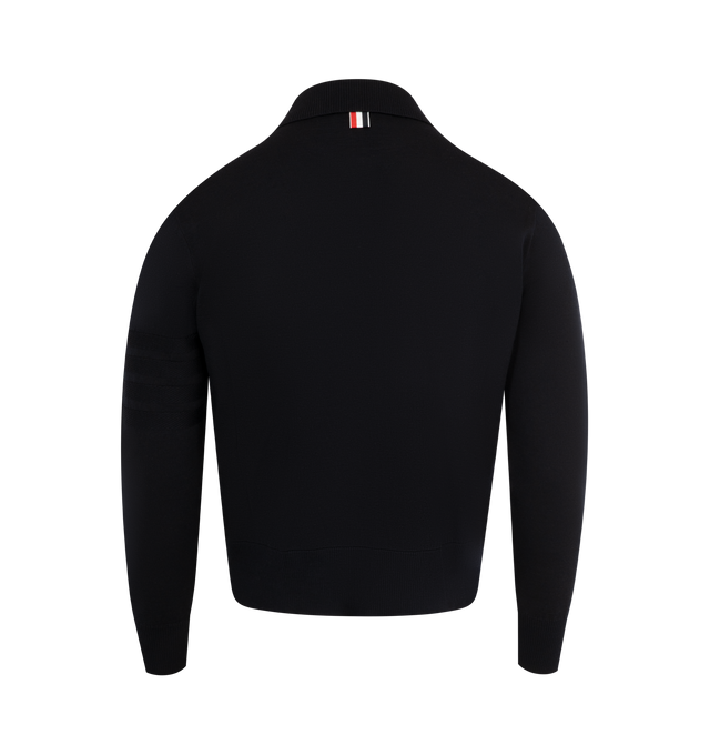 Image 2 of 2 - NAVY - THOM BROWNE Double Face Full Zip Cardigan featuring merino wool fabric, a zippered closure, subtle knit 4-bar stripes, side slip pockets and signature striped grosgrain loop tab. 68% virgin wool, 20% linen, 9% cotton, 3% polyamide. Made in Italy. 