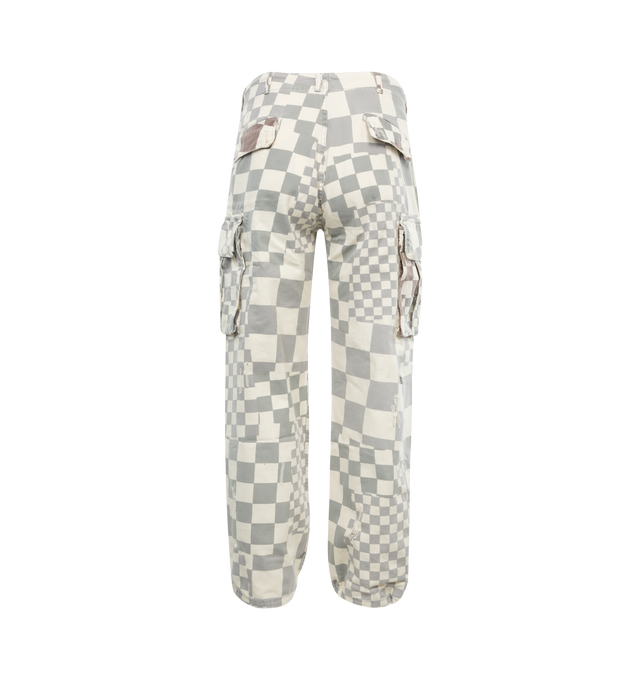Image 2 of 3 - GREY - ERL Printed Cargo Pants featuring check pattern printed, belt loops, concealed drawstring at waistband and cuffs, four-pocket styling, zip-fly, cargo pocket at outseams, logo embroidered at back leg and logo-engraved antiqued copper-tone hardware. 100% cotton. Made in Portugal. 