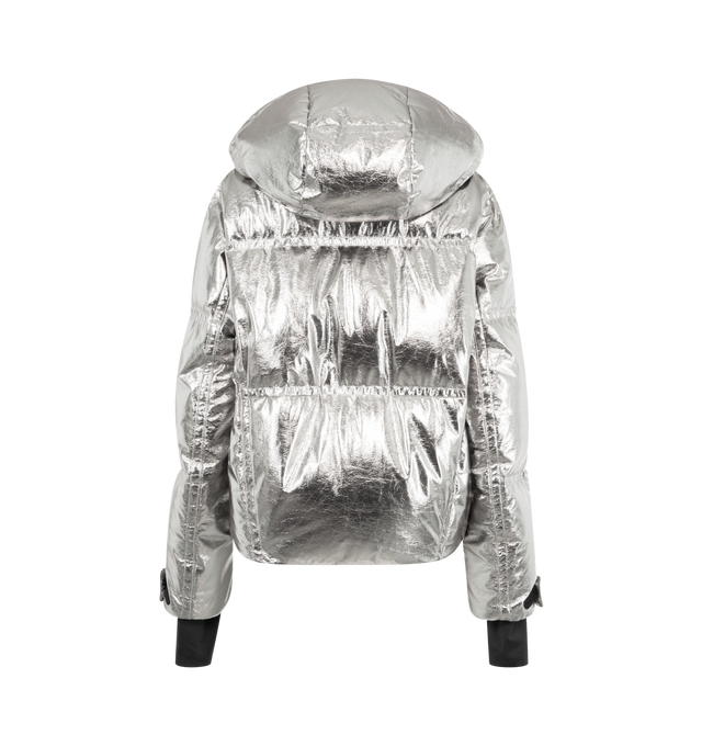 Image 3 of 5 - SILVER - MONCLER GRENOBLE Calaque Metallic Hooded Down Ski Jacket featuring metallic craquel, polyester lining, down-filled and padded, detachable and adjustable hood with teddy lining, YKK AcquaGuard highly water resistant zipper and snap button closure, pockets with snap button closure, inside media pocket with YKK AcquaGuard highly water resistant zipper closure, ski pass pocket, powder skirt, adjustable cuffs, hem with drawstring fastening and stretch jersey wrist gaiters. 100% polyester. 
