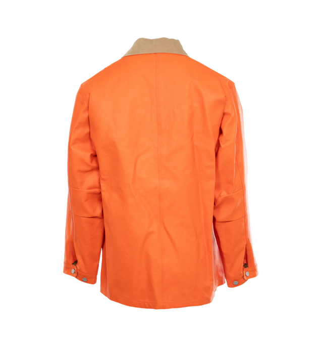 Image 2 of 3 - ORANGE - JUNYA WATANABE X CARHARTT Logo Patch Buttoned Jacket featuring button closure, pockets, corduroy collar and long sleeves. 100% polyurethane. Made in Japan. 