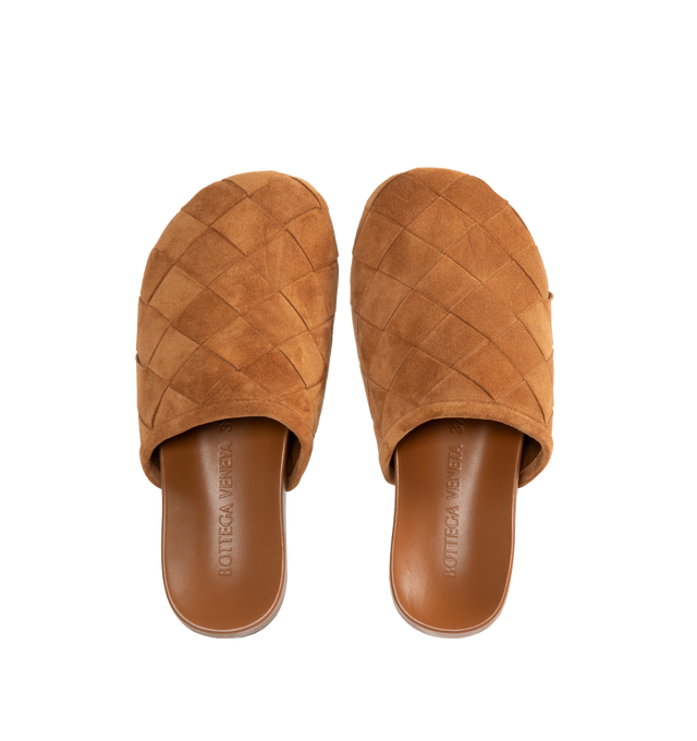 Image 4 of 4 - BROWN - BOTTEGA VENETA Reggie Mule featuring padded intrecciato suede mule clog with ergonomic leather insole. Calfskin. Lining: lambskin. Rubber outsole. Made in Italy. 