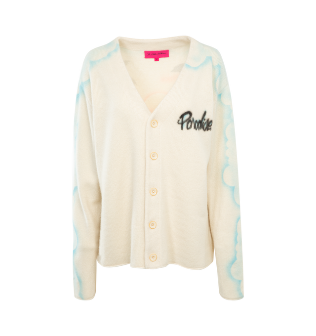 Image 1 of 2 - WHITE - The Elder Statesman Paradise airbrush cardigan crafted from 100% cashmere in a heavy-weight knit. Features a classic, relaxed fit, front button closure and adorned with a unique airbrush artwork. Made in Los Angeles. 