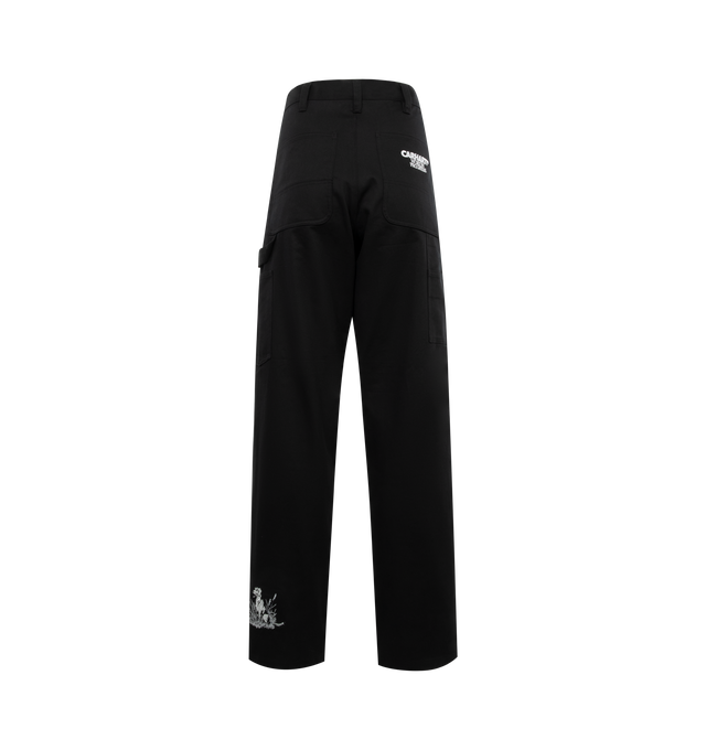 Image 2 of 3 - BLACK - CARHARTT WIP Ducks Single Knee Pant featuring midweight cotton twill in a relaxed straight fit, with a silhouette inspired by the classic work pant. The item is detailed with allover graphic embroidery, triple-stitched detail, tool pockets and a hammer loop. 100% cotton. 