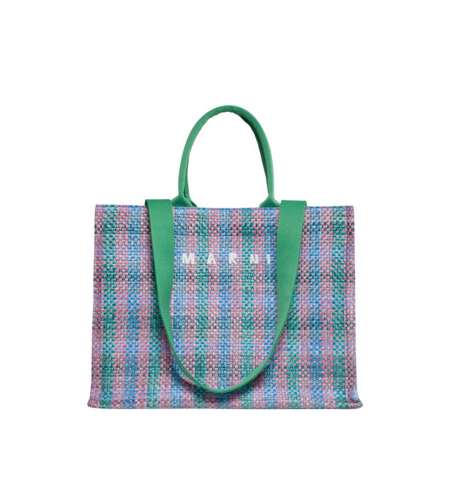 MULTI - MARNI Plaid Check Woven Tote Bag featuring interwoven design, logo print, two long top handles, two rolled top handles, open top and one main compartment. 7.8 x 13.3 x 17.7 inches. 52% cotton, 48% polyamide.