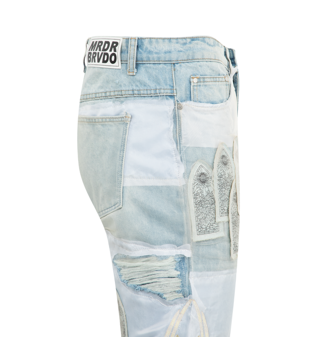 Image 3 of 3 - BLUE - WHO DECIDES WAR Winged Organza Denim featuring belt loops, five-pocket styling, zip-fly, patchwork throughout, distressed laddering at knees, leather logo patch at back waistband and logo-engraved silver-tone hardware. 100% cotton. 