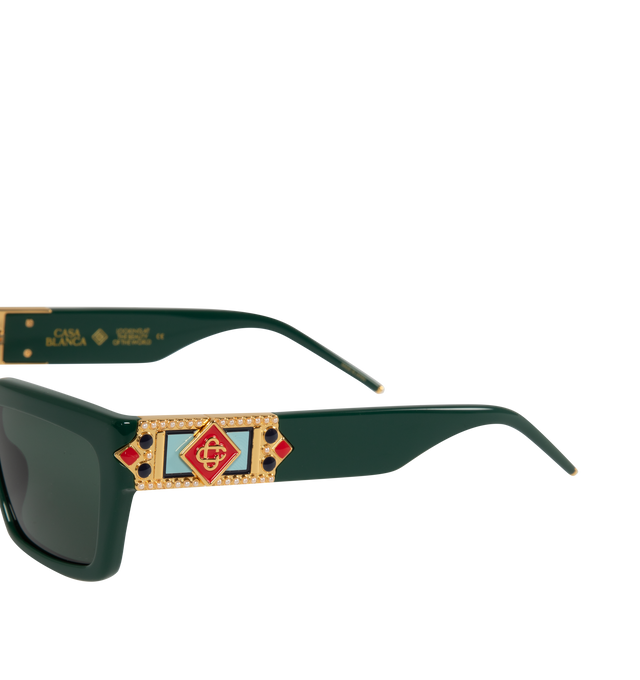 Image 3 of 3 - GREEN - CASABLANCA Monogram Plaque Sunglasses featuring rectangular acetate-frame sunglasses, gray lenses, integrated nose pads, enameled logo hardware at temples and logo-engraved hardware at temple tips. 