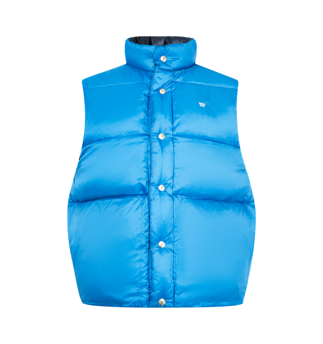 Image 3 of 3 - NAVY - HUMAN MADE Reversible Down Vest featuring nylon ripstop fabric with down and feather filling, lightweight material with a shiny appearance, reversible design combines dark and light colors, dark-toned side features a duck name tag, light-toned side has a heart patch, quilt stitching forms a heart on the back, both sides have two front pockets and logo snap button closure. 100% nylon. 