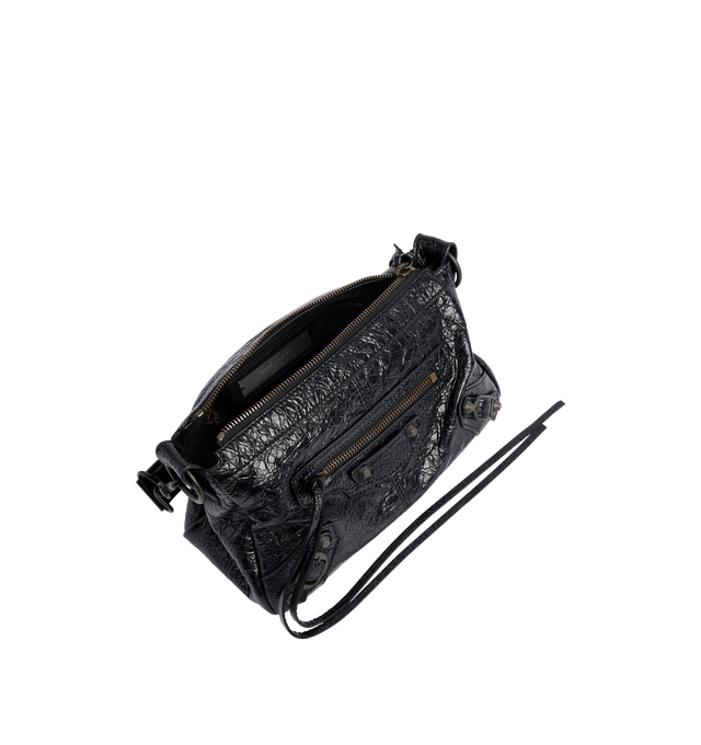 Image 4 of 4 - BLACK - BALENCIAGA Le City Moto Mini Bag in Arena lambskin featuring one removable shoulder strap, adjustable and removable crossbody strap, crossbody and shoulder carry, zipped closure with knotted leather puller, front zipped pocket with knotted leather puller, 1 main compartment, 1 inner zipped pocket and cotton canvas lining. 8.8" x 5.9" x 3.7". Lambskin. Made in Italy. 