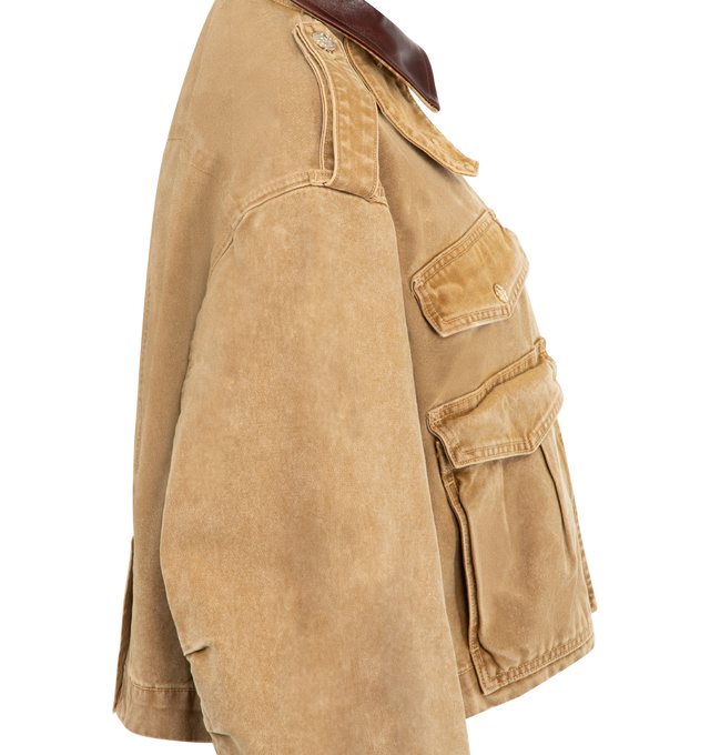 Image 3 of 4 - BROWN - RUADH The Henderson Jacket featuring a swing silhouette, leather collar, signature gold branded RADH hardware details, crafted in regenerative cotton canvas, exaggerated sleeve shape, drop shoulder, two way zipper with branded snap closure  and bound seams at interior. 100% regenerative cotton canvas. Made in the USA. 