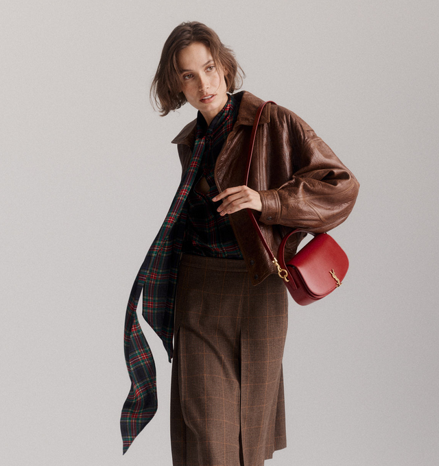 Image 2 of 5 - MULTI - SAINT LAURENT Lavallire Blouse in tartan silk charmeuse featuring a lavallire tie, concealed front button closure, lavallire neck, one-button mitered cuffs and curved hem. 100% silk. Made in Italy. 