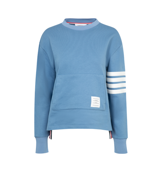 Image 1 of 2 - BLUE - THOM BROWNE Oversized Crewneck Sweatshirt featuring logo patch to the front, signature four-bar stripe, crew neck, long sleeves, fitted-cuff sleeves, kangaroo pocket and asymmetrical hem. 100% cotton.  