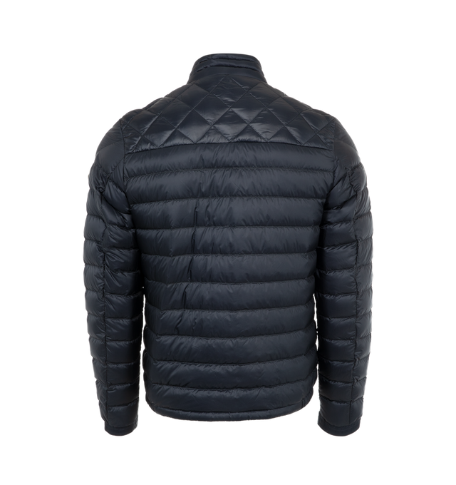 Image 3 of 6 - NAVY - Moncler Benamou Short Down Jacket has a mock neckline, a 2-way zip front closure, snap pockets and cuffs, a tricolor stripe placket, and diamond quilting details. Down and feather fill. 100% polyamide.  