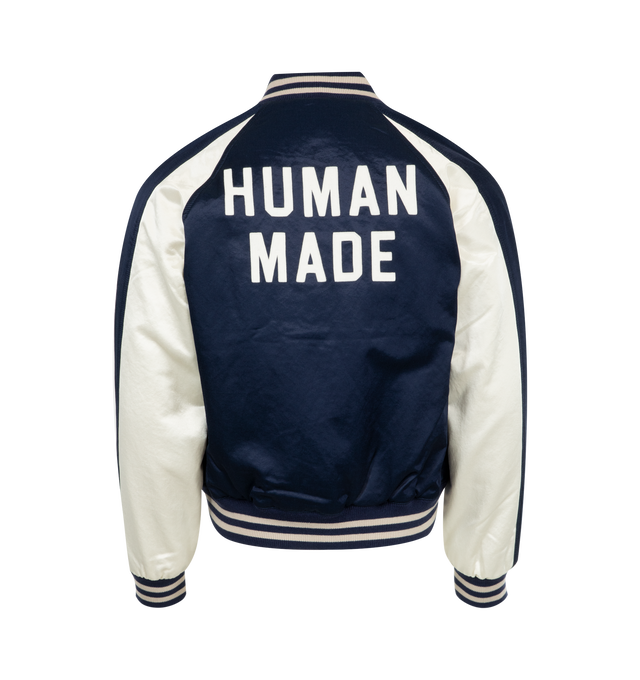 Image 2 of 2 - NAVY - HUMAN MADE Satin Stadium Jacket featuring a vintage-like design, graphic felt patches, snap button closure and ribbed collar, cuff and trim. 69% cotton, 31% rayon. Lining: 100% cotton. Sleeve lining: 100% polyester. 