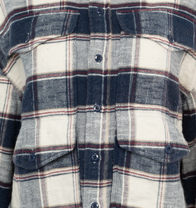 Image 3 of 3 - MULTI - R13 Cropped Multi-pocket Overshirt in Ecru Plaid featuring 4 enlarged pockets accross the front and built from Japanese slub 100% cotton.   