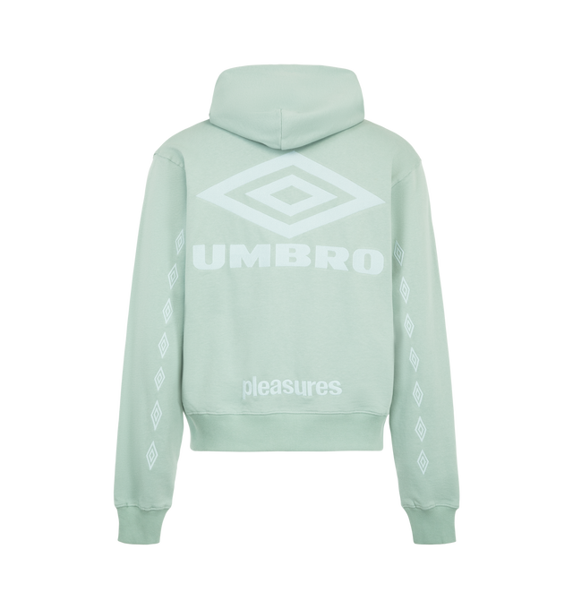 Image 2 of 2 - GREEN - Pleasures Men's Diamonds Zip Fitted Hoodie is crafted from heavyweight cotton-blend terry with a diamond pattern. Designed with a full zip closure, the hoodie is finished with a branded zip puller and embroidered logos throughout for a signature touch. Main Material: 81% Cotton, 19% Polyester. 