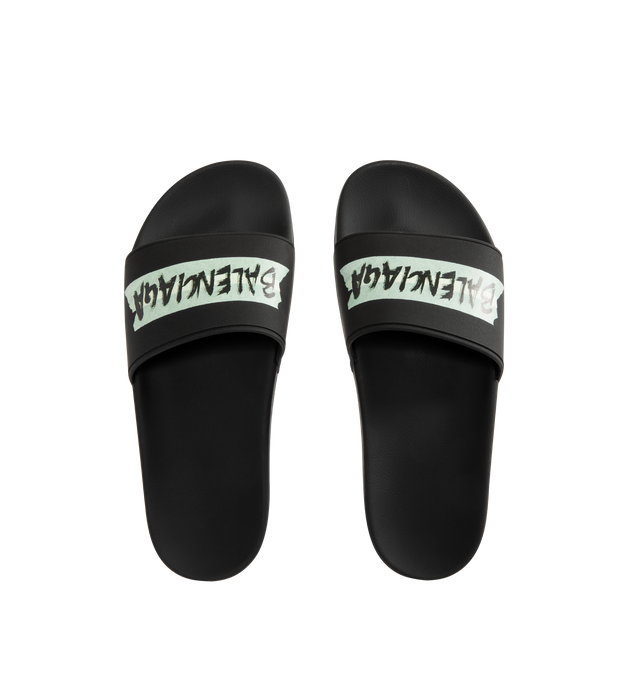 Image 4 of 4 - BLACK - BALENCIAGA Pool Slide Sandal featuring molded rubber footbeds, Balenciaga masking tape artwork on the strap and tone-on-tone sole and insole. Polyurethane, TPU. Made in Italy. 