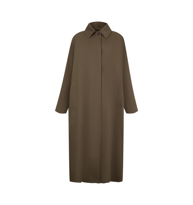 Image 1 of 3 - BROWN - The Row Women's Iza Coat is crafted from pure cotton and features an elongated trench-inspired silhouette with a refined, minimalist finish. Designed with a flat collar and horn button closure, this designer coat is finished with slant side pockets and a luxurious silk lining, reflecting The Row's understated approach to timeless outerwear. Main Material: 100% Cotton. Lining: 100% Silk. Closure: Horn Buttons. Collar: Flat Collar. Pockets: Slant Side Pockets. Care: Dry Clean. Made in I 