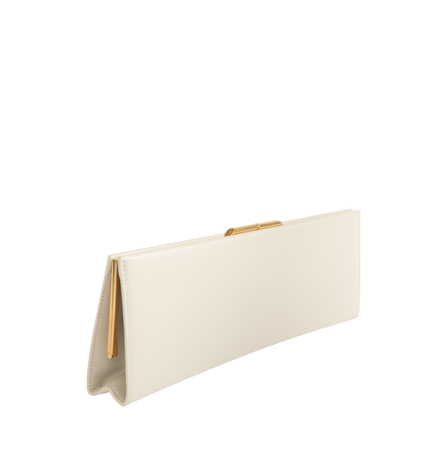 Image 2 of 3 - WHITE - SAINT LAURENT Midnight Large Clutch in smooth leather featuring thin clutch case with a kiss-lock closure, embossed with the SAINT LAURENT PARIS signature, a stowable chain shoulder strap, leather lining, bronze-tone hardware and one inner pocket. 10.2" x 3.9" x 0.61.6". 90% calfskin, 10% brass. Made in Italy. 