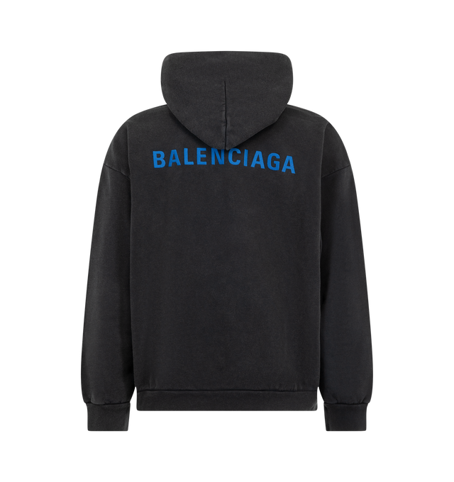 Image 2 of 2 - BLACK - Balenciaga Men's Medium-Fit Hoodie is crafted from dry cotton fleece and features dropped shoulders and a hood without a drawstring. A front kangaroo pocket, gathered cuffs and hem, and embroidered Balenciaga Back artwork at the front and back complete the design. Main Material: 100% Cotton. Embroidery: 100% Polyester. Made in Portugal. 