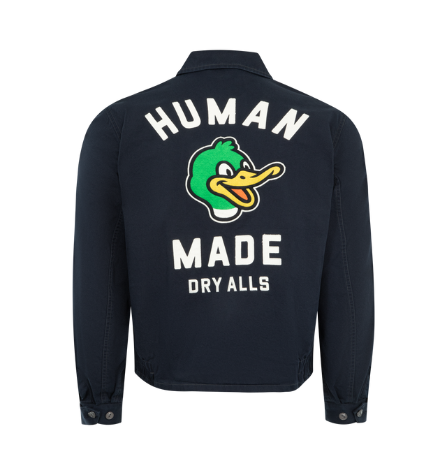 Image 2 of 3 - NAVY - HUMAN MADE Work Jacket featuring zip-up closure, a Duck graphic patch on the back, chain-stitched Human Made logo on the left chest, wide, boxy silhouette, thick, firm cotton twill fabric, polyester lining and heart button on each cuff. 100% cotton. Lining: 100% polyester. 