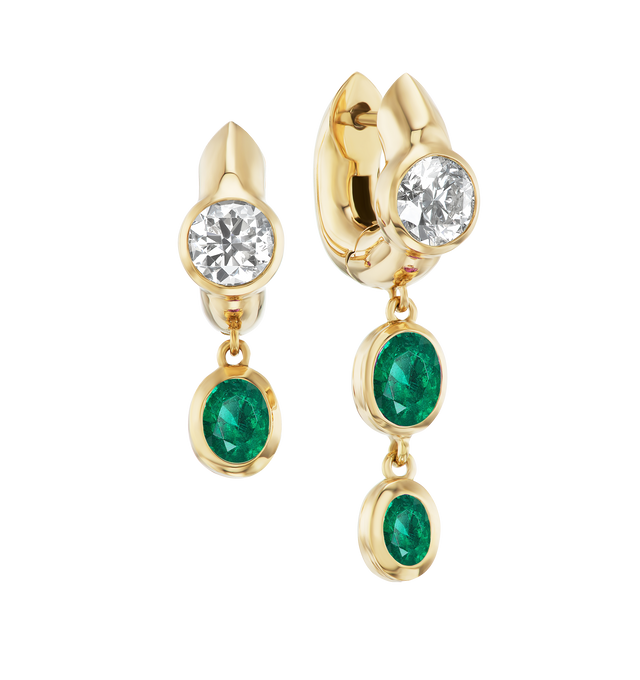 Image 1 of 2 - GOLD - UNIFORM OBJECT TUSK DROPS EMERALD featuring 6.2G of 18K yellow gold and 1CT of diamonds + 0.9CT of round precious stones. 