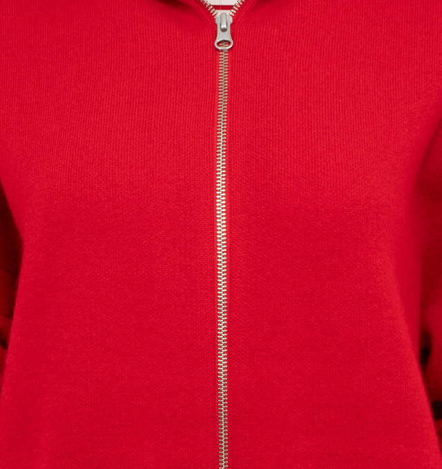 RED - EXTREME CASHMERE Xtra Out Cardigan featuring mock neck, long sleeves, ribbed cuffs and hem, two side slit pockets, multicolour embroidered motif and front two-way zip fastening. 100% cashmere.