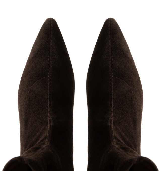 Image 4 of 4 - BROWN - The Row Women's Liisa Kitten Booties are crafted from soft lambskin suede and feature a pointed toe, side zip closure, and a refined kitten heel for an elegant, minimalist silhouette. These designer suede ankle boots combine exceptional Italian craftsmanship with timeless sophistication, making them a versatile choice for effortless day-to-evening styling. Main Material: 100% Lambskin Suede. Sole: Leather. Heel Height: 1.38 in. Made in Italy. 