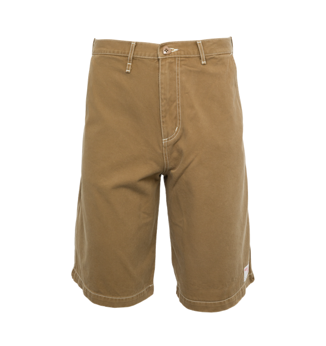 Image 1 of 4 - BROWN - HUMAN MADE Baggy Shorts featuring relaxed fit, 2 side pockets, patch back pockets, button zip closure, contrast seams and woven brand patch. 