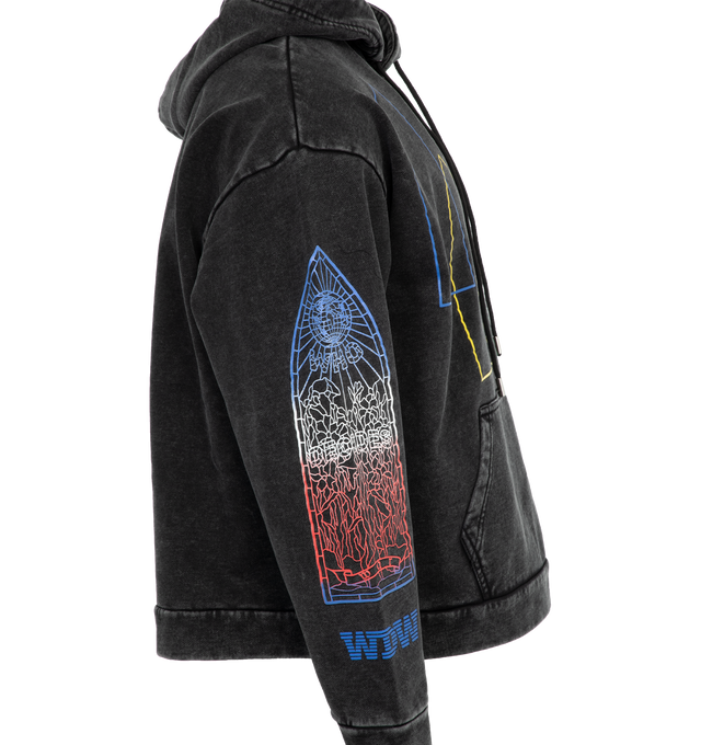 Image 3 of 5 - BLACK - WHO DECIDES WAR Intertwined Windows Hoodie featuring french terry, fading and logo graphics printed throughout, drawstring at hood, kangaroo pocket and dropped shoulders. 100% cotton. Made in China. 