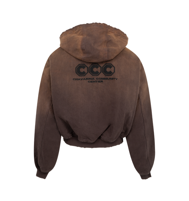 Image 2 of 2 - BROWN - The Willy Chavarria Men's Quilted Juggernaut Hoodie is cut in an oversized silhouette with a bold, utilitarian shape and quilted construction. Crafted from a faded cotton & worn-in appearance to reference vintage military and workwear, while the quilted interior adds warmth. Finished with functional pockets and CCC embroidery at the chest and back for a bold graphic finish. Main Material: 100% Cotton. Made in USA. 