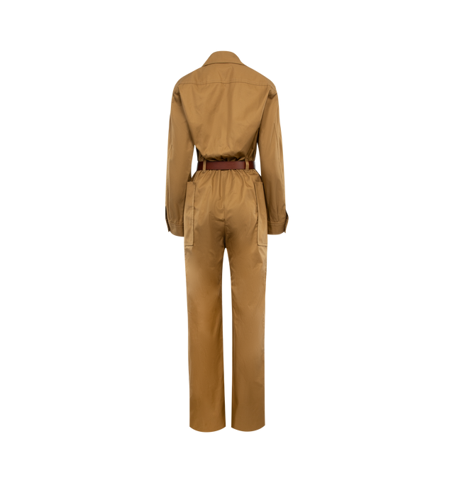 Image 2 of 2 - BROWN - SAINT LAURENT Cotton Twill Jumpsuit featuring long sleeve zip top, padded shoulders, patch pockets, wide leg pants, pointed collar and removable pin buckle belt. 100% cotton. 