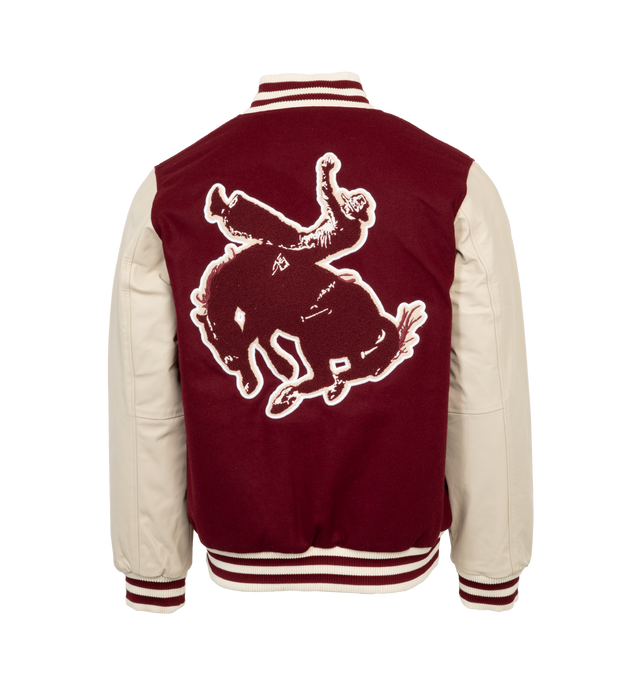 Image 2 of 4 - RED - ONE OF THESE DAYS HORSE SHOE CARDINAL VARSITY featuring blade collar, leather sleeves, embroidered patch and striped trim and lined. 100% wool with leather contrast.  