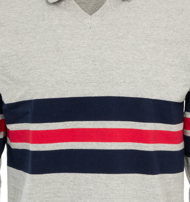 Image 3 of 3 - GREY - NOAH Pitch Practice Top featuring engineered stripes, rib knit, v-neck, collar and rib knit cuffs. 100% cotton. Made in Canada.  