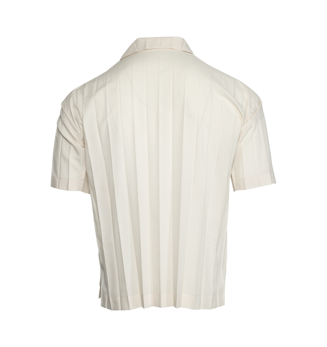 WHITE - ISSEY MIYAKE Edge Shirt has a spread collar, wide pleats, front button closure, and short sleeves. 100% polyester. 