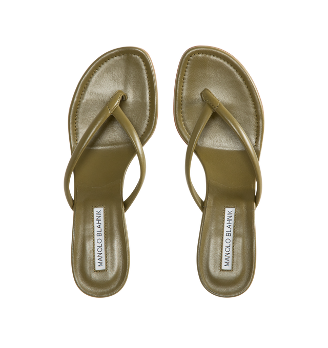 Image 4 of 4 - GREEN - Manolo Blahnik Paterno 50 Leather Sandal featuring nappa leather upper with leather sole, leather lining and footbed, angled round toe with flared kitten heel.Approx 50mm/ 2 inch heel. Made in Italy. 